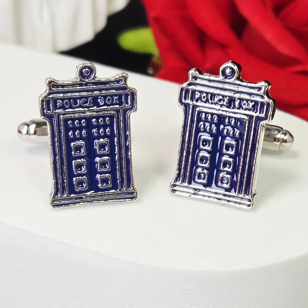 Blue Police Box Cufflinks Time Travel Sci Fi British TV Fan Geek Groom Dr Who